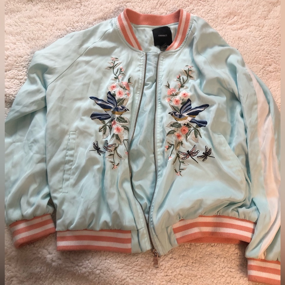 Teal and pink bomber jacket, forever 21